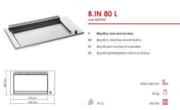 Gas Plancha oder Teppanyaki glatt zum Einbau - Outdoor - 80 cm Grillfläche