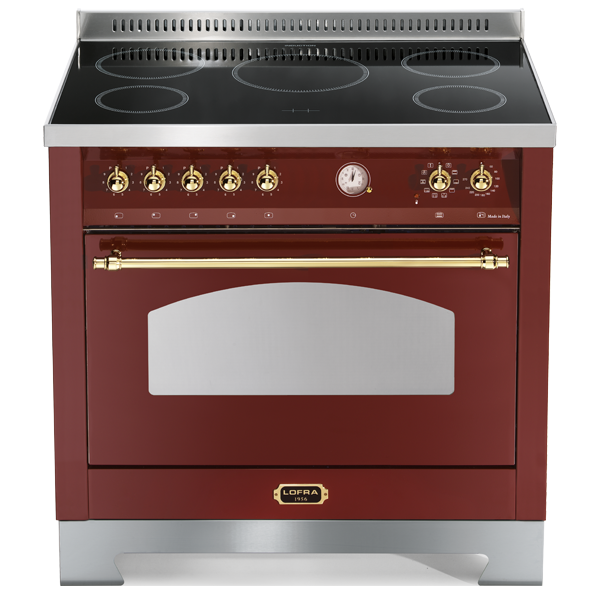 RRG 96 MFT / 5I Standherd mit Induktionskochfeld ( 90 cm / 1 Großbackofen ) - BURGUNDY / MESSING
