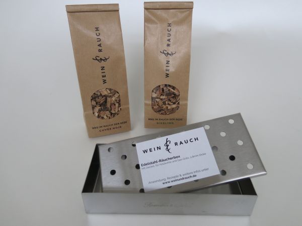 Räucherset von Wein & Rauch 2 x 100 g Chips mit Räucherbox aus Edelstahl