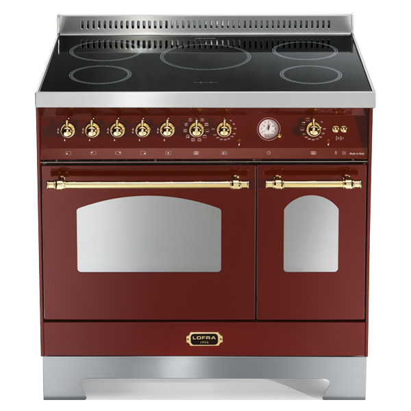 RRD 96 MFTE / 5I Standherd mit Doppelbackofen 90 cm - BURGUNDY / MESSING