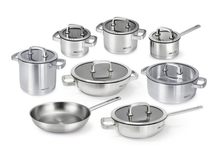 AMCOOK Exklusiv Senna S15 8 teiliges Topfset mit 2 Wokpfannen, 4 Töpfen, einem Stieltopf und einer Pfanne 8500759